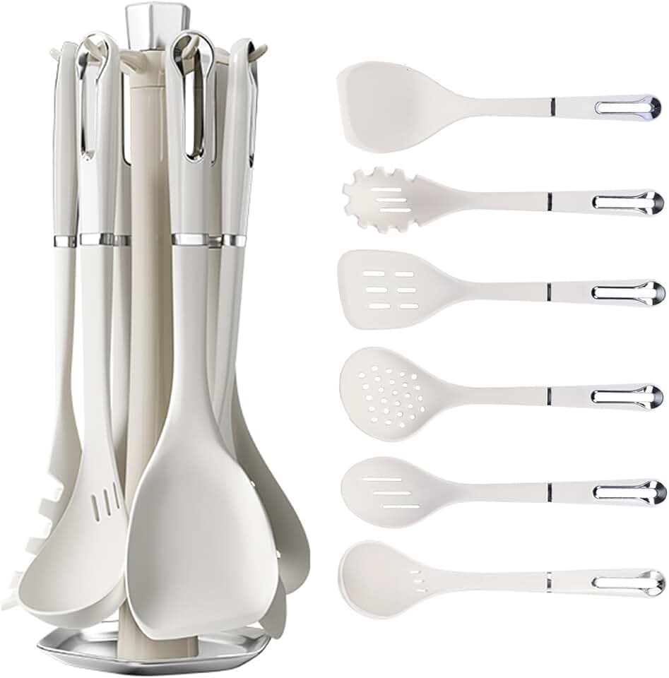7-Piece White Silicone Kitchen Utensil Set with Rotating Holder