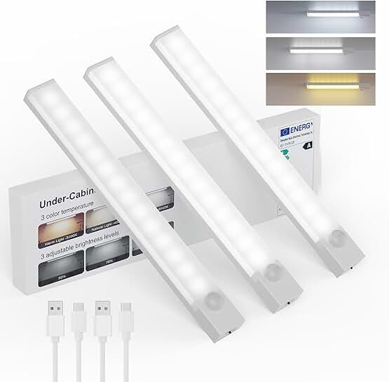 Rechargeable 8-Inch Under Cabinet Motion Sensor Lights, 3-Pack