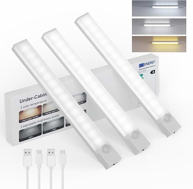 Rechargeable 8-Inch Under Cabinet Motion Sensor Lights, 3-Pack