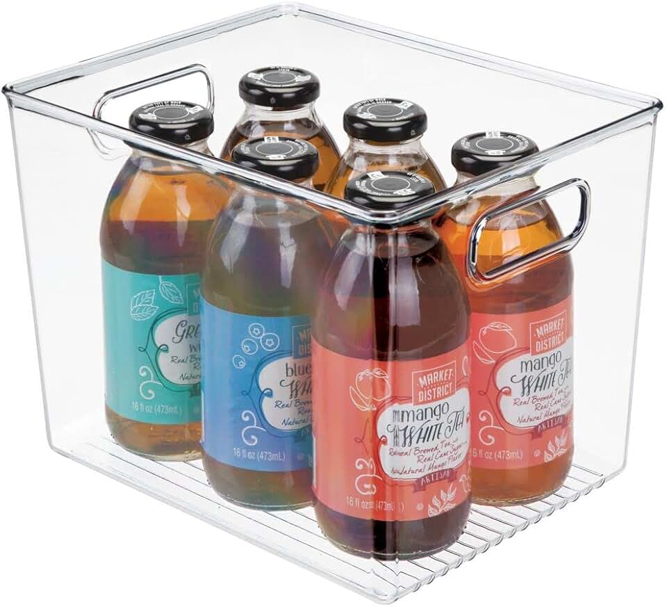 Deep plastic storage bin with handles for pantry and fridge