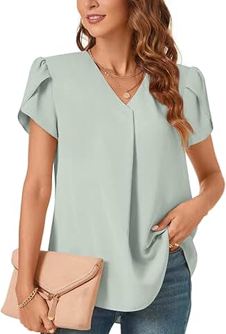 Women's Summer V-Neck Chiffon Blouses with Short Sleeves