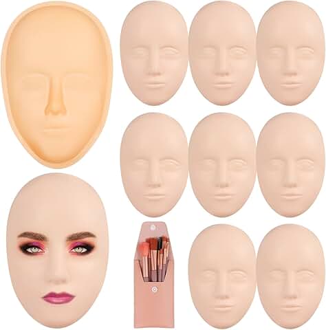 Set of 8 silicone mannequin faces with 8 brushes for makeup practice