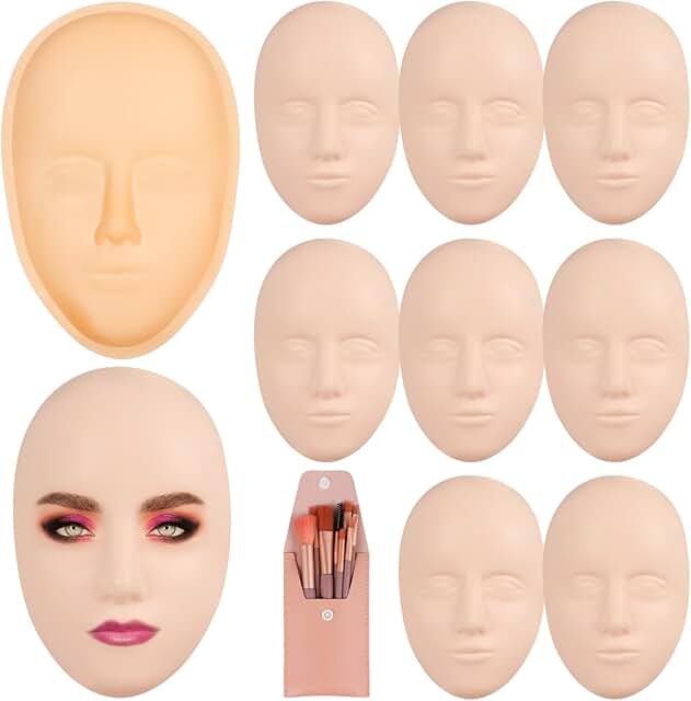Set of 8 silicone mannequin faces with 8 brushes for makeup practice