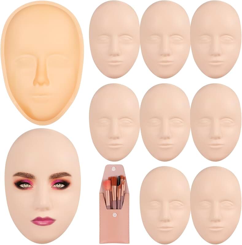 Set of 8 silicone mannequin faces with 8 brushes for makeup practice