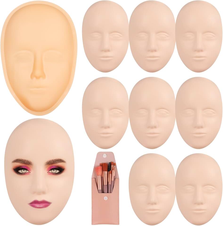 Set of 8 silicone mannequin faces with 8 brushes for makeup practice