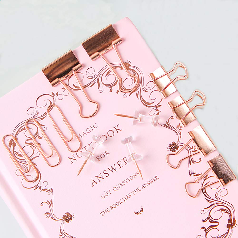 Rose Gold Binder and Paper Clips with Push Pins Set