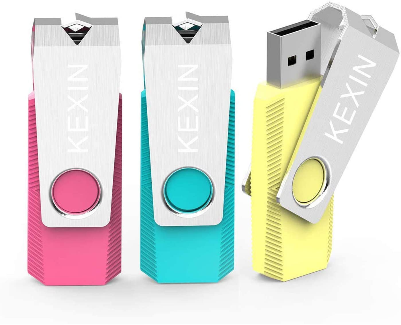 Flash Drive 64GB 3 Pack USB Flash Drive 64 GB Thumb Drive USB Drive Bulk Jump Drive Swivel Pen Drive Data Storage USB Stick with LED Indicator 64G Pink Yellow Cyan