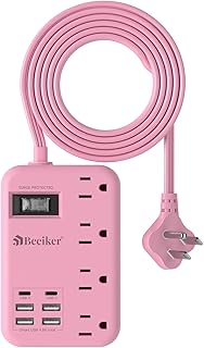 Pink 6-Outlet Power Strip with USB Charging, 5 Feet