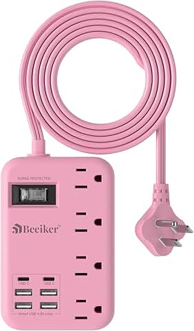 Pink 6-Outlet Power Strip with USB Charging, 5 Feet