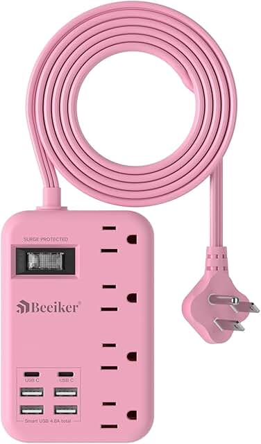 Pink 6-Outlet Power Strip with USB Charging, 5 Feet