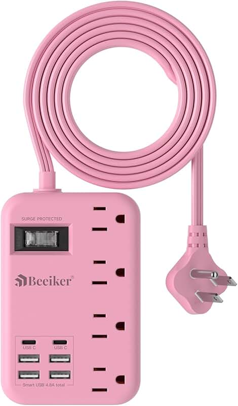 Pink 6-Outlet Power Strip with USB Charging, 5 Feet