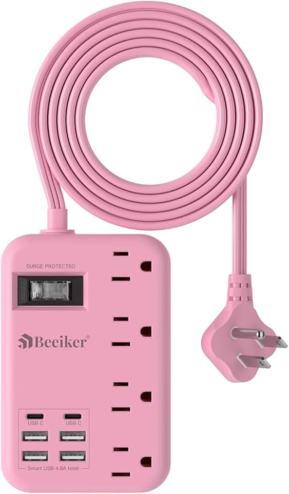 Pink 6-Outlet Power Strip with USB Charging, 5 Feet