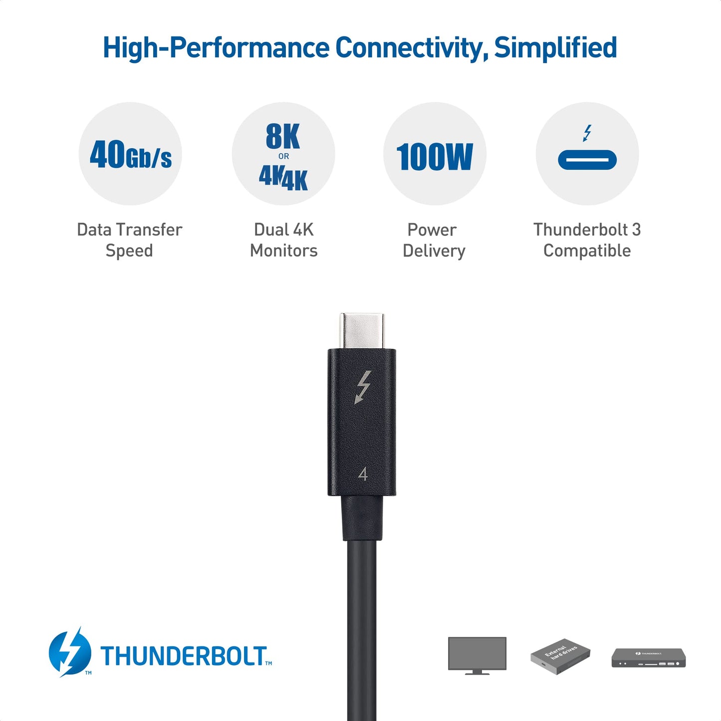[Intel ] 40Gbps Active Thunderbolt 4 Cable 6.6 ft with 100W Charging and 8K Video - Fully Compatible with USB C/USB-C, USB 4 / USB4, and Thunderbolt 3