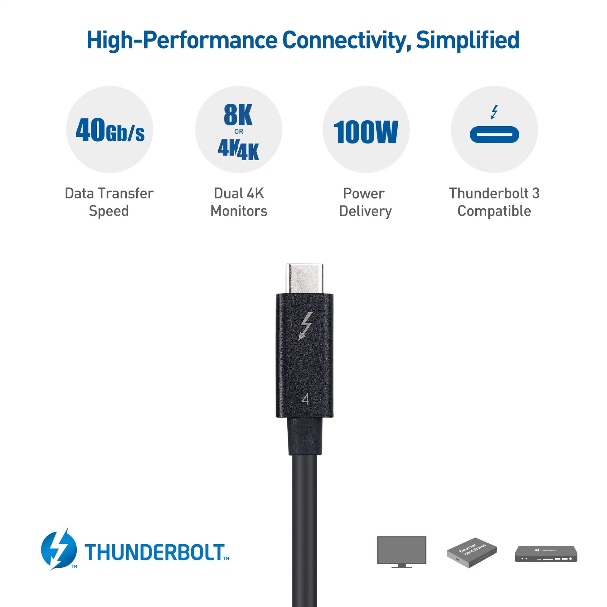 [Intel ] 40Gbps Active Thunderbolt 4 Cable 6.6 ft with 100W Charging and 8K Video - Fully Compatible with USB C/USB-C, USB 4 / USB4, and Thunderbolt 3