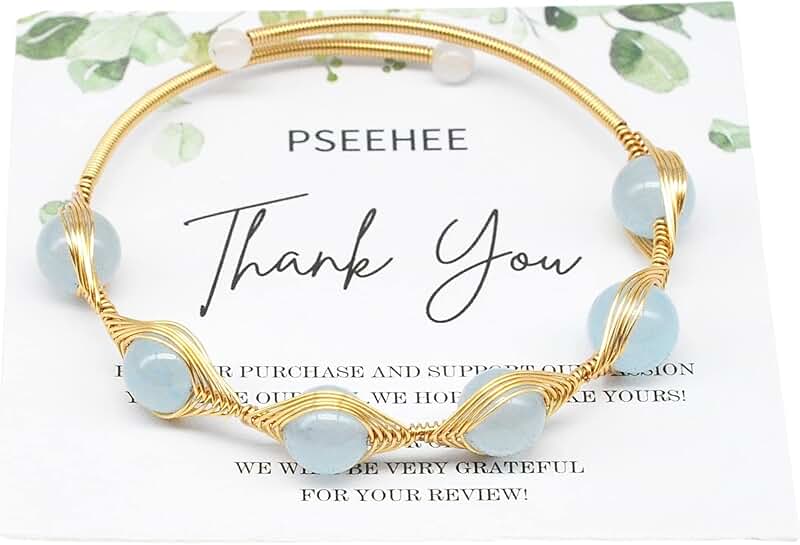 Handmade Aquamarine Gold Wire Wrapped Adjustable Bracelet