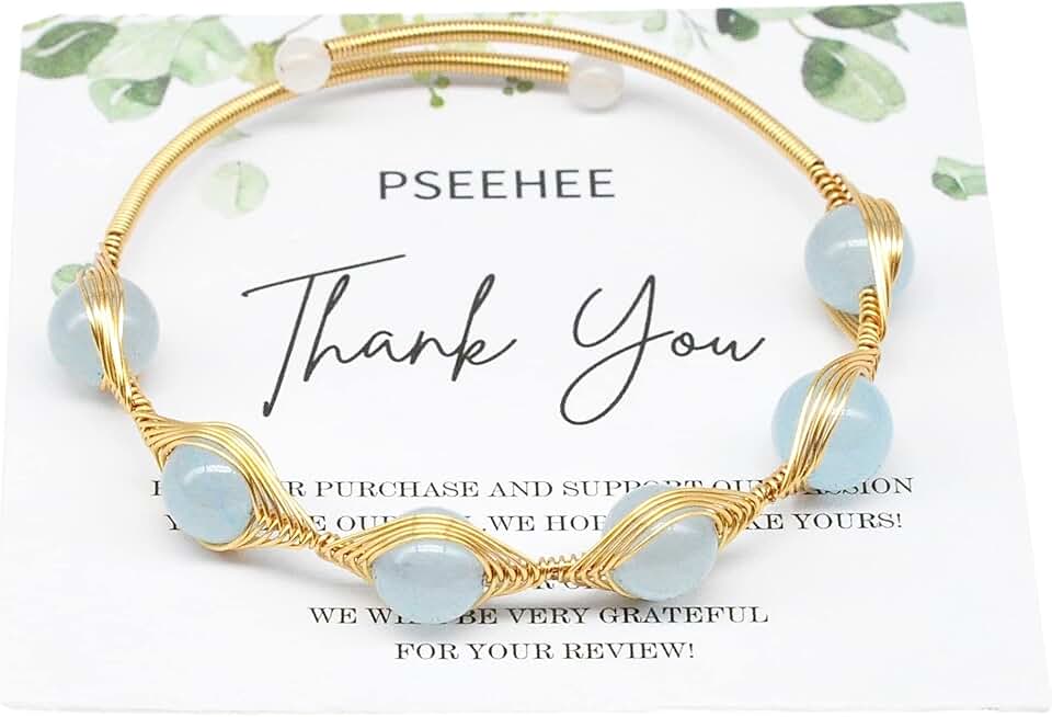 Handmade Aquamarine Gold Wire Wrapped Adjustable Bracelet