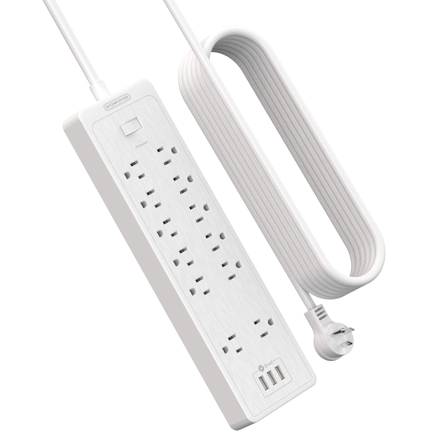Extension Cord Flat Plug 25 ft , Long Cord Power Strip with 12 Outlets 3 USB, 2100 Joules Surge Protector, 15A Circuit Breaker, Overload Protection, Mounted for Home Office Workbench, White