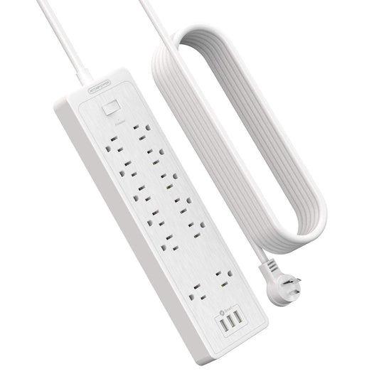 25 ft flat plug extension cord with 12 outlets and 3 USB ports
