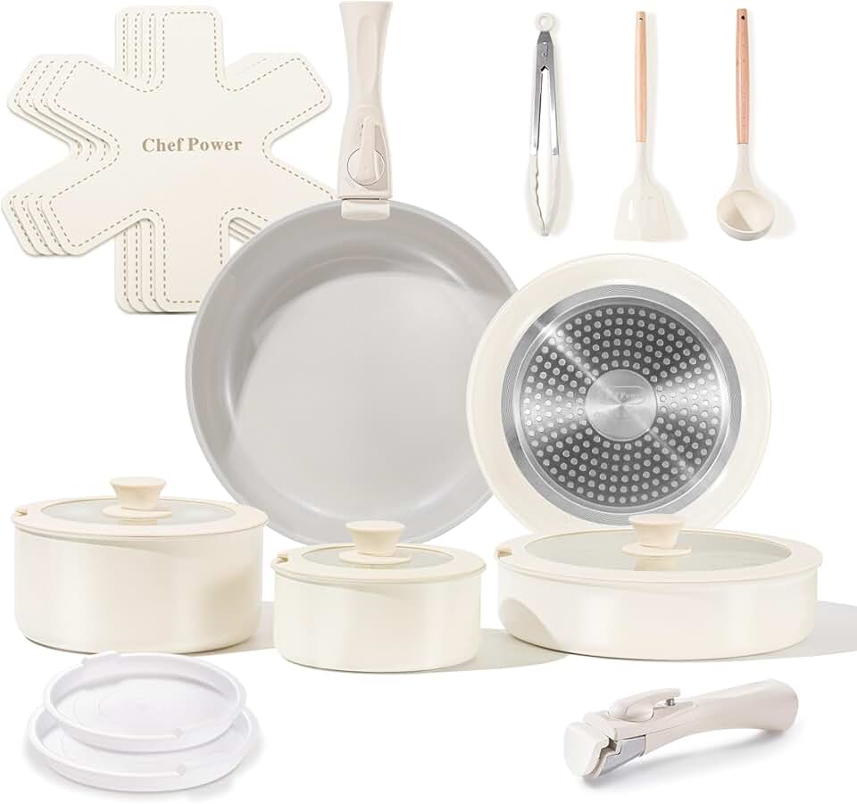 19-Piece Ceramic Nonstick Cookware Set with Detachable Handle