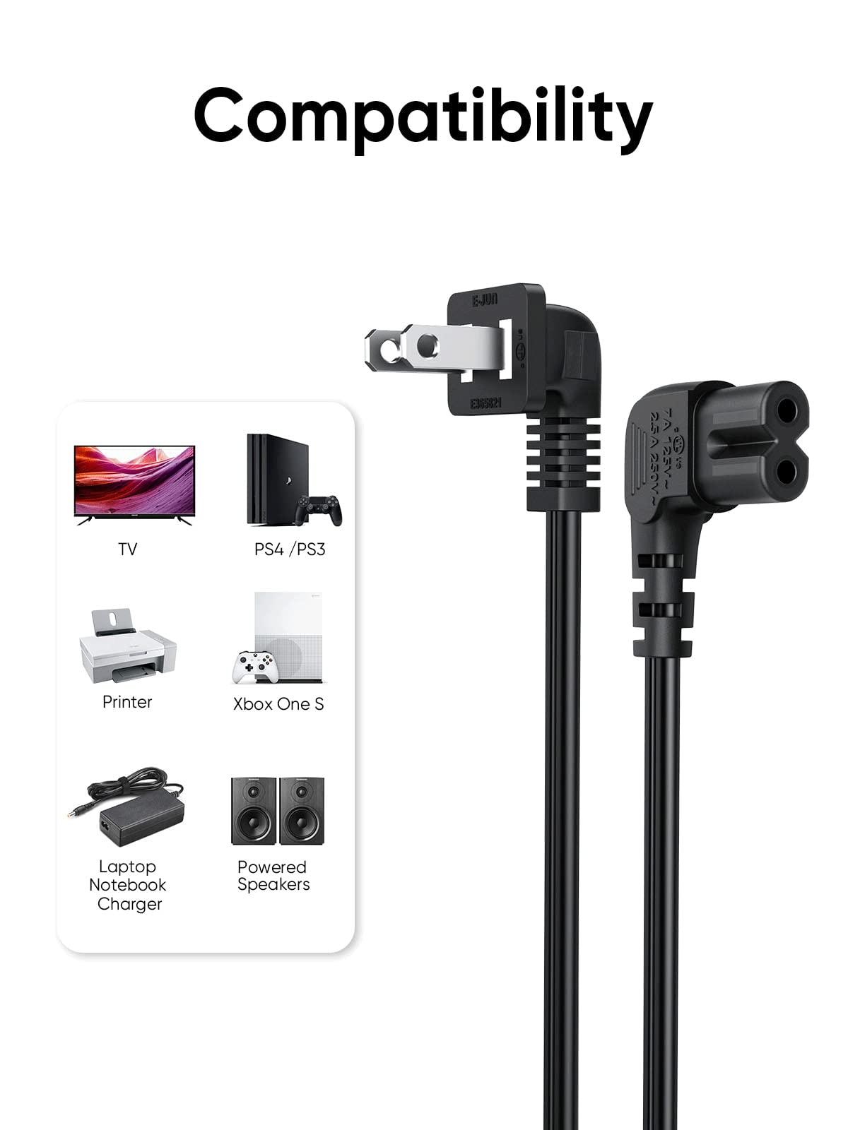 10 Feet 18 AWG Angled 2-Slot Non-Polarized Angle Power Cord for Samsung TV LG TCL Replacement (IEC320 C7 to Nema 1-15P), 3M