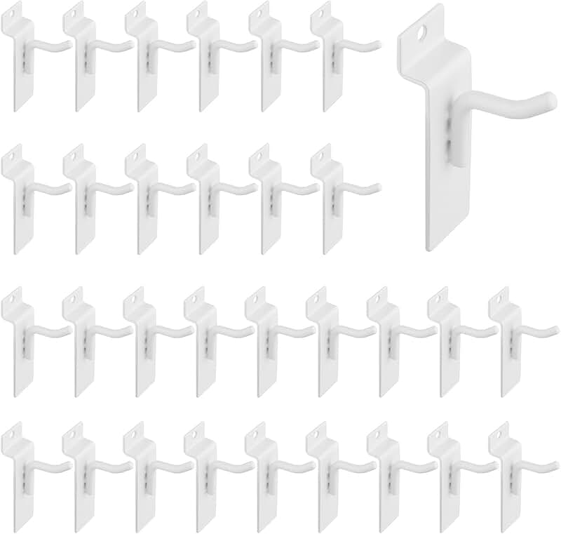 White 1-inch Slatwall Hooks, 30-pack for Display and Storage