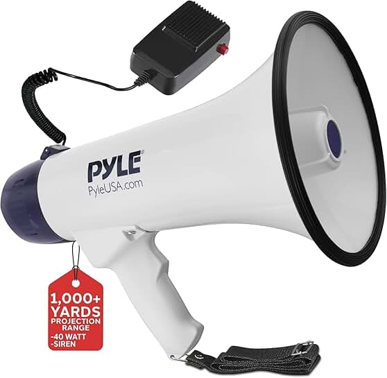 Portable megaphone with 1,000-yard range and rechargeable battery
