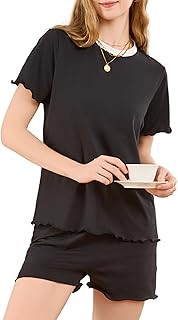 Women's Ruffled Hem Short Pajama Set with Pockets