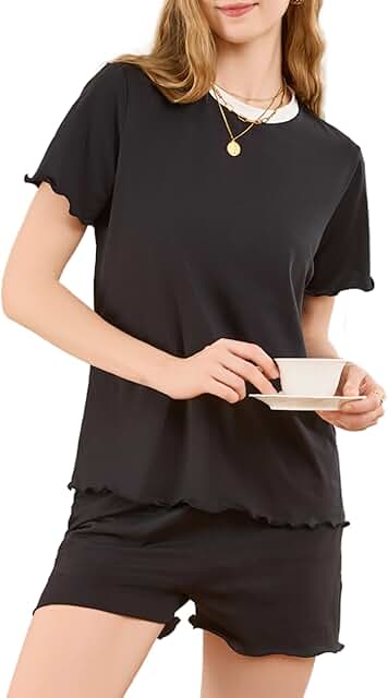 Women's Ruffled Hem Short Pajama Set with Pockets
