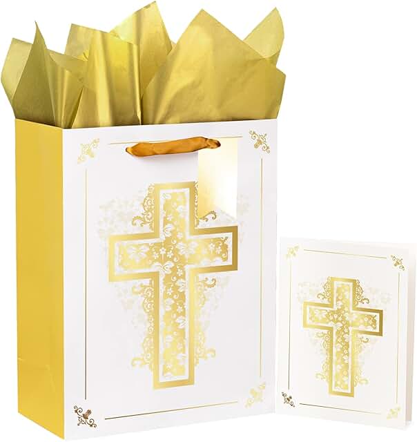 Large Gold Cross Gift Bag with Card and Tissue