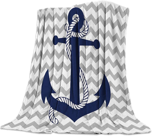 Flannel Fleece Lightweight Cozy Couch/Bed Super Soft Warm Plush Microfiber Throw Blanket, l Navy Anchor with Gray and White Chevron 40 x 50 Inches)