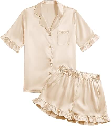 Women's Satin V-Neck Ruffle Sleepwear Set