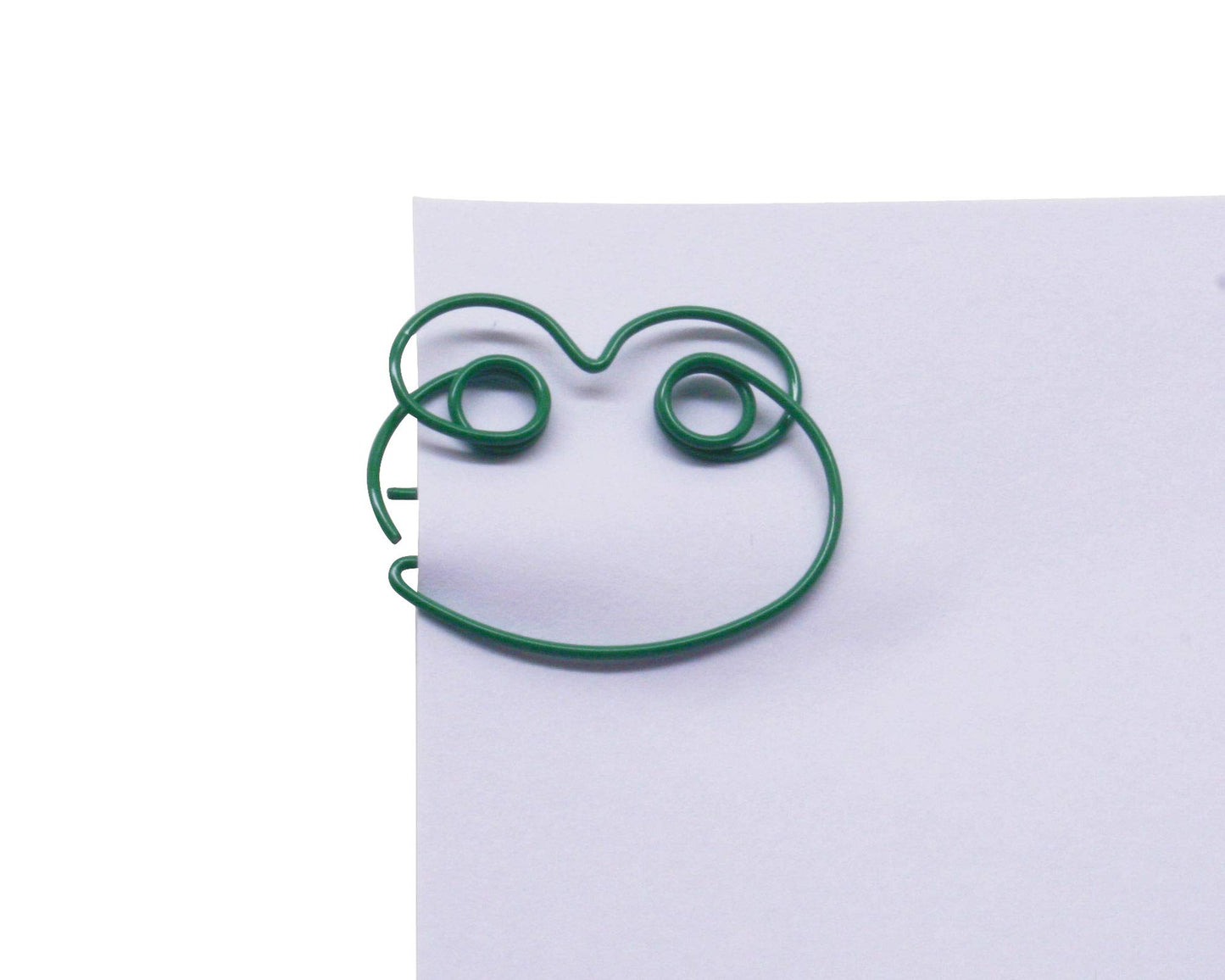 Green frog-shaped paper clips in round tin, 100 count