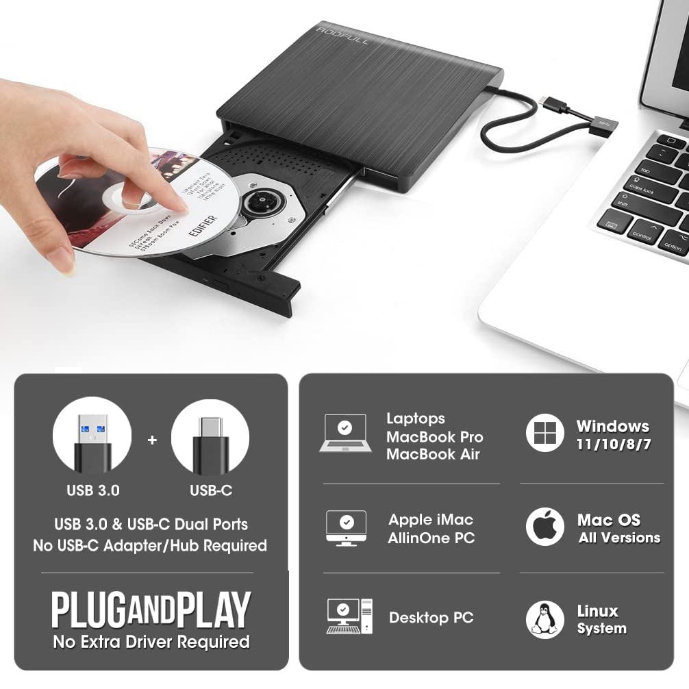 External CD DVD +/-RW Drive USB 3.0 Type-C Portable CD/DVD Optical Drive Player Reader Writer Burner with Protective Carrying Case for Mac MacBook Pro/Air, iMac, Windows 11/10 Laptop Desktop