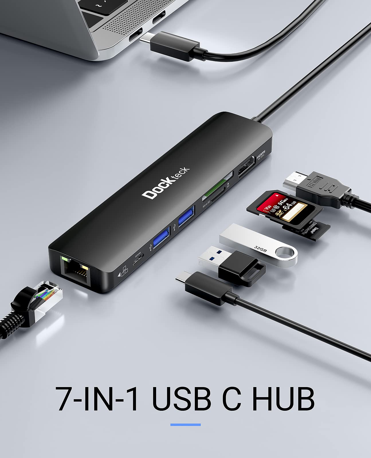 USB C Hub 4K 60Hz, 7-in-1 USB C PD Ethernet Hub Dongle with 4K 60Hz HDMI, 1Gbps Ethernet, 100W PD, 2 USB 3.0, SD/Micro SD for MacBook Air/Pro M1 2020, iPad Pro 2021, iPad Mini 6 and More