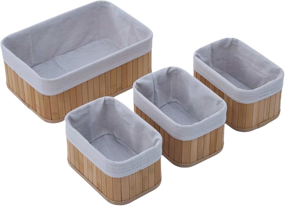 Set of four natural bamboo storage baskets with washable liners