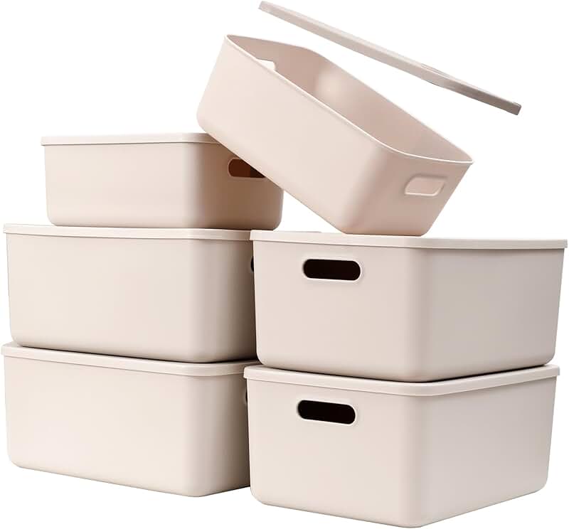 Light Grey Plastic Storage Baskets with Lids