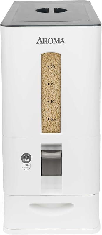 Large white rice dispenser, 27 lbs capacity
