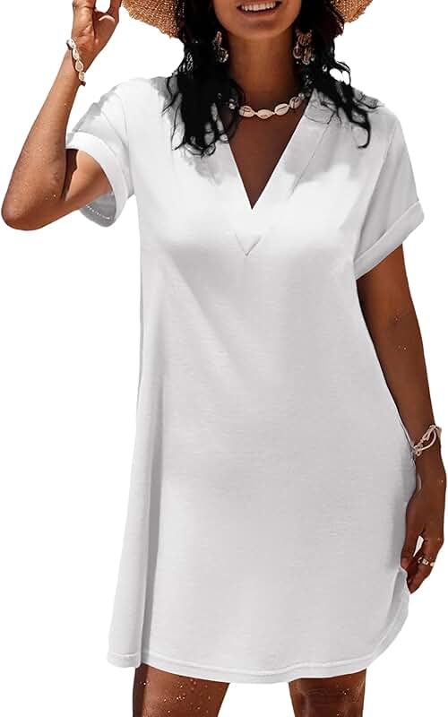 Women's V-Neck Short Sleeve Beach Coverup Dress