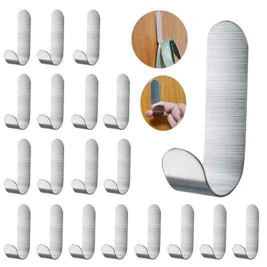 Adhesive Hooks, Wall Hooks 20 Pack Heavy Duty Stainless Steel Wall Hooks Adhesive for Hanging Jackets, Kitchenware, Bathrobes, Bath Towels, Coat, Bag, Party Light Strip (Silver-20pcs)