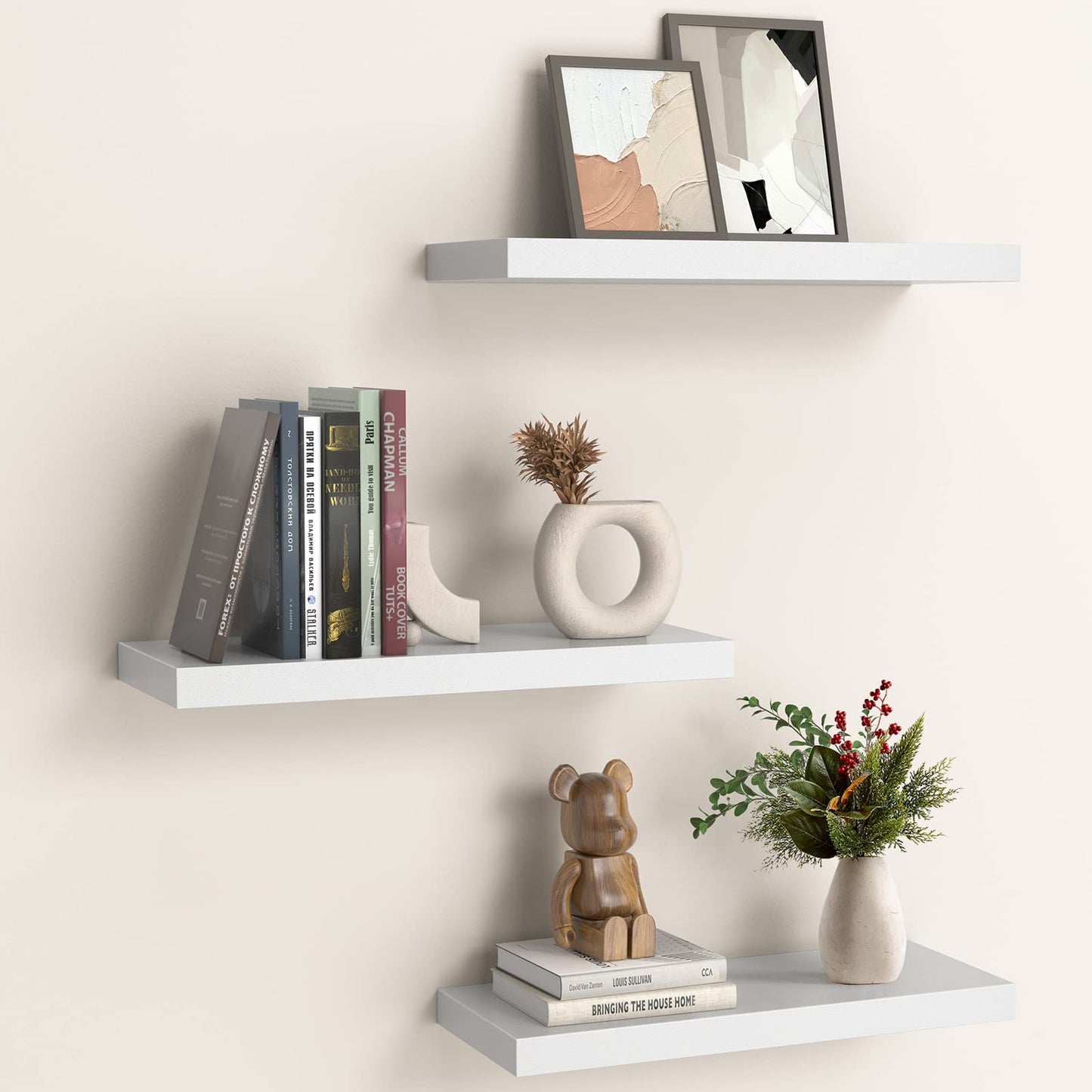 Floating Shelves, Wall Shelves for Bathroom/Living Room/Bedroom/Kitchen Decor, White Shelves with Invisible Brackets Set of 3  AMFS08