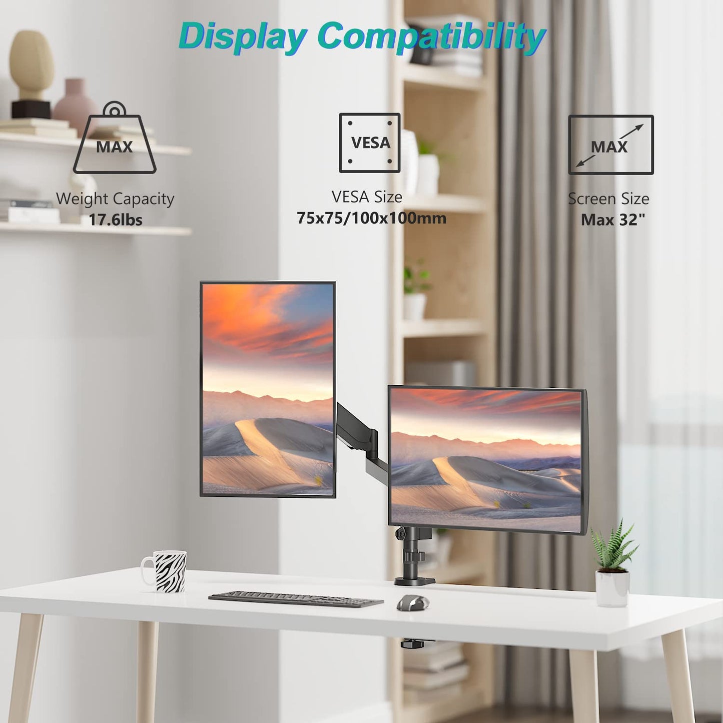 Premium Dual LCD Monitor Desk Mount Fully Adjustable Gas Spring Stand for Display up to 32 inch, GSDM002, (Black)