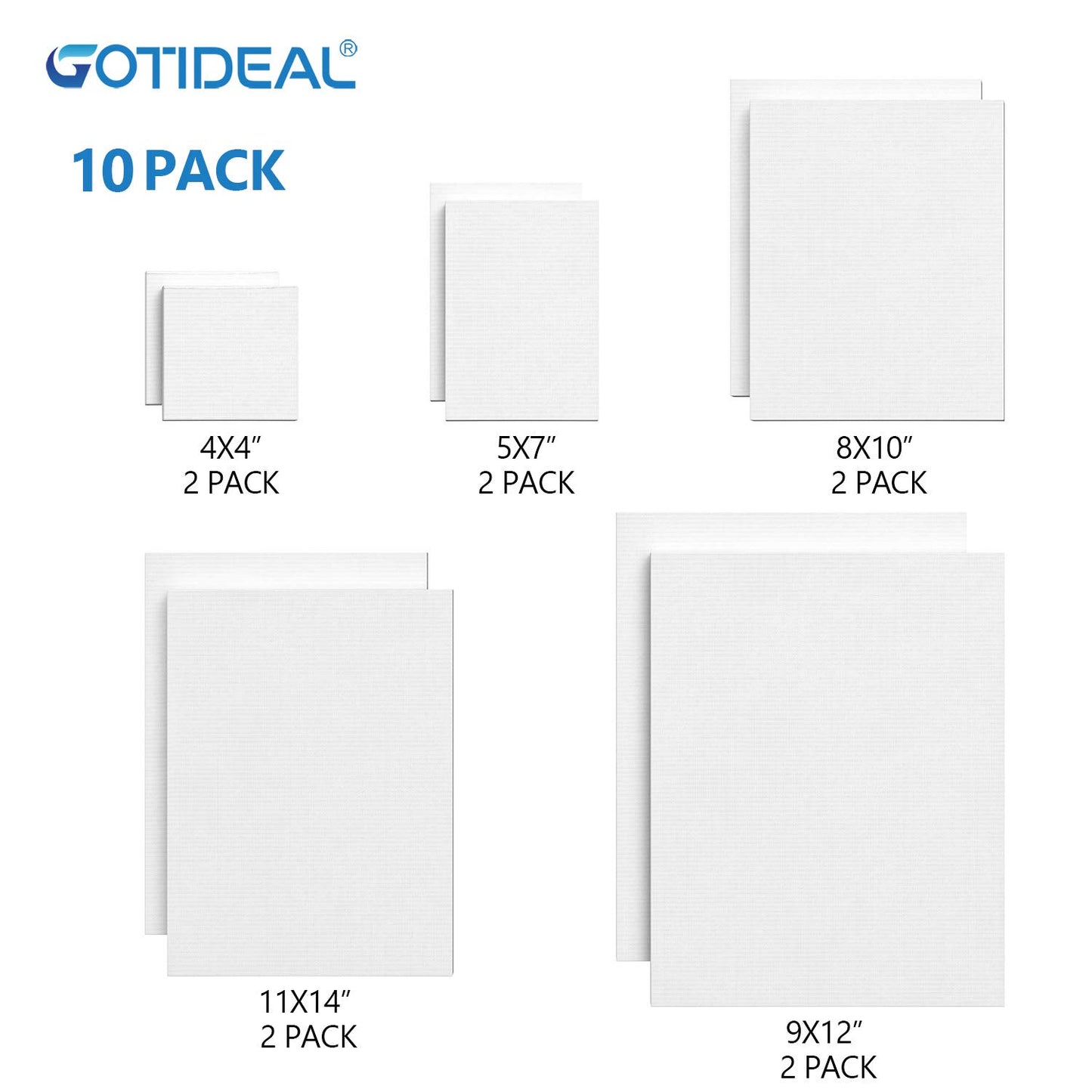 Set of 10 Pre-Stretched Cotton Canvas Boards in Multiple Sizes