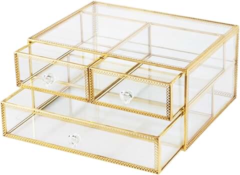 Gold Glass Jewelry and Makeup Organizer with Lace Decor