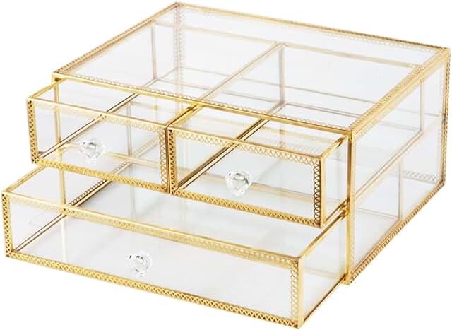 Gold Glass Jewelry and Makeup Organizer with Lace Decor