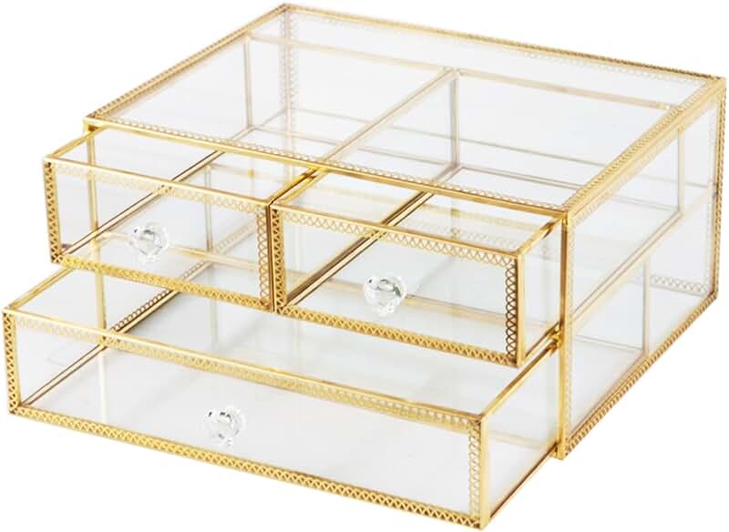 Gold Glass Jewelry and Makeup Organizer with Lace Decor