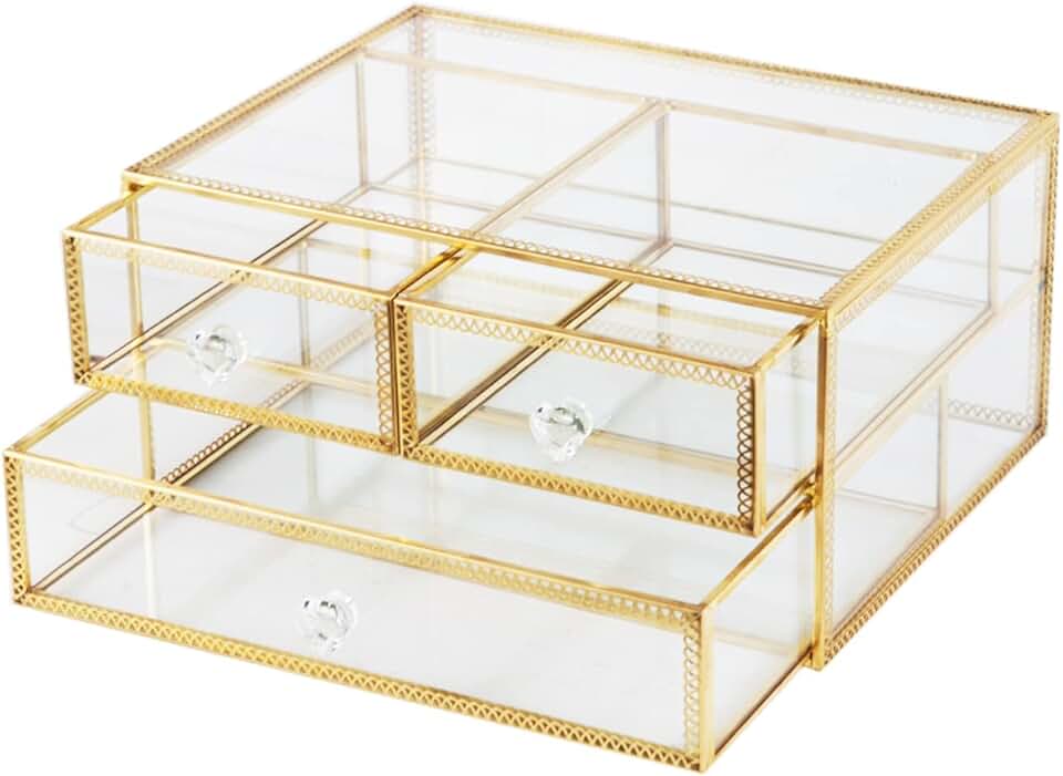 Gold Glass Jewelry and Makeup Organizer with Lace Decor