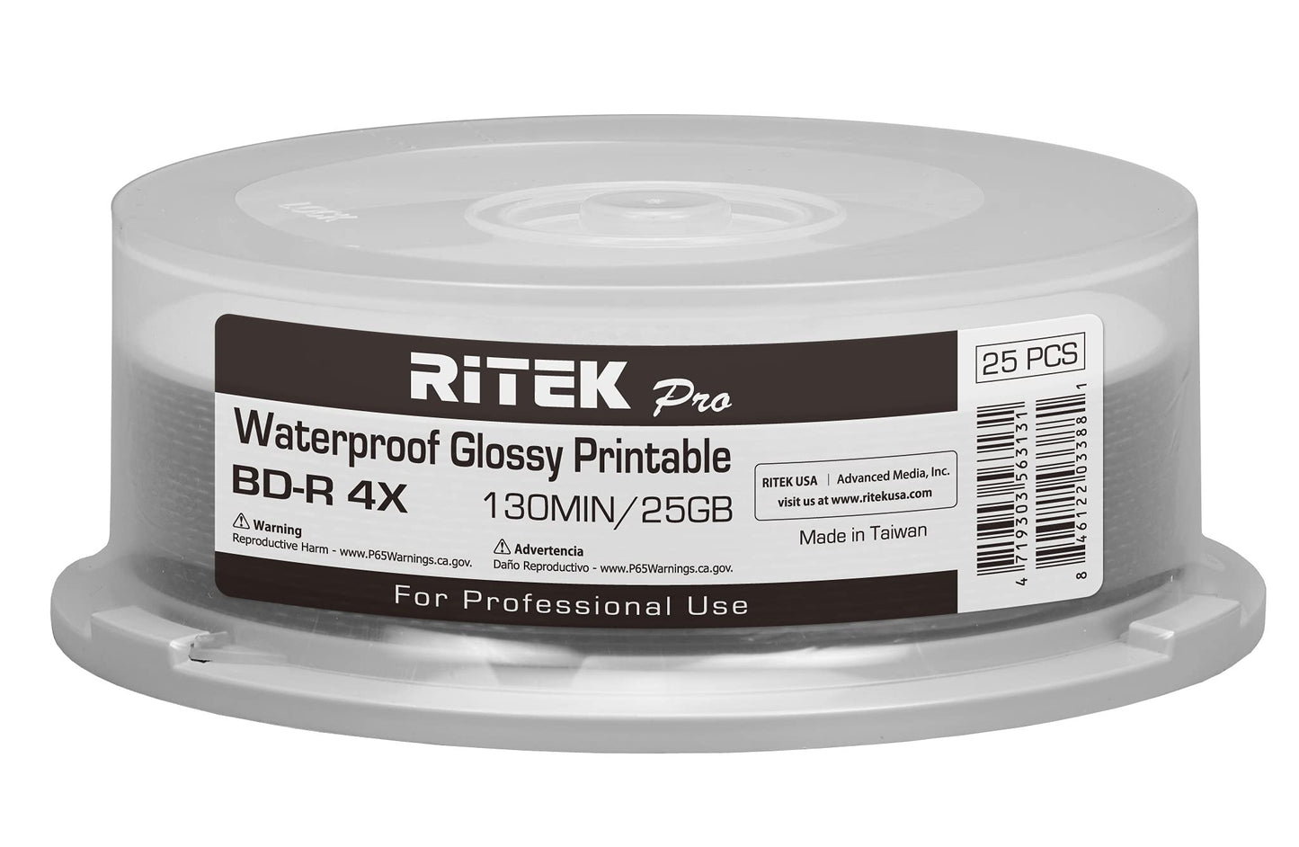 25 Pack (Professional Grade) BD-R Blu-ray 4X 25GB Watershield Water Resistant Glossy White Inkjet Hub Printable Blank Recordable Disc