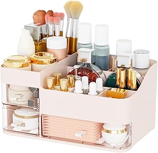 Pink makeup organizer with 3 drawers for vanity and countertop