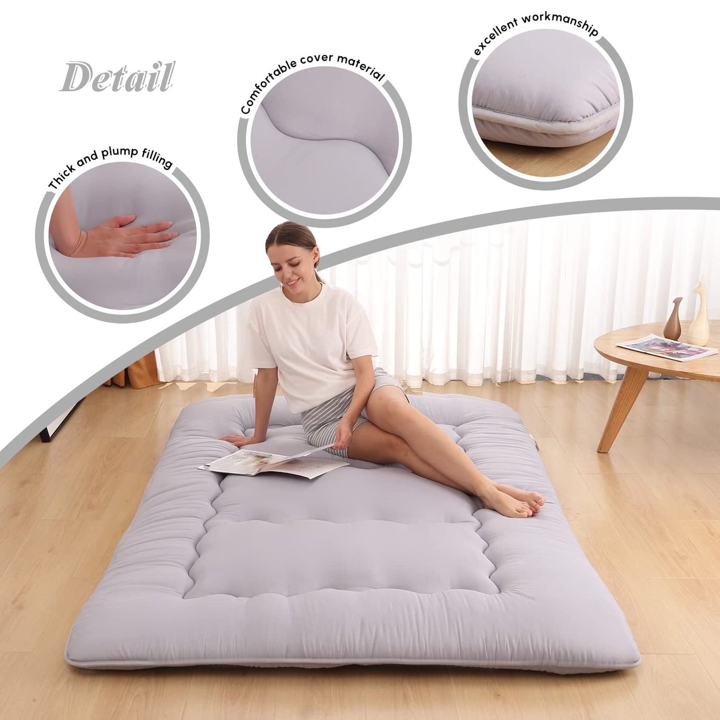 Floor Mattress, Futon Mattress Foldable Mattress, Roll Up Mattress Tatami Mat with Washable Cover, Easy to Store and Portable for Camping, Grey, Twin Full Queen