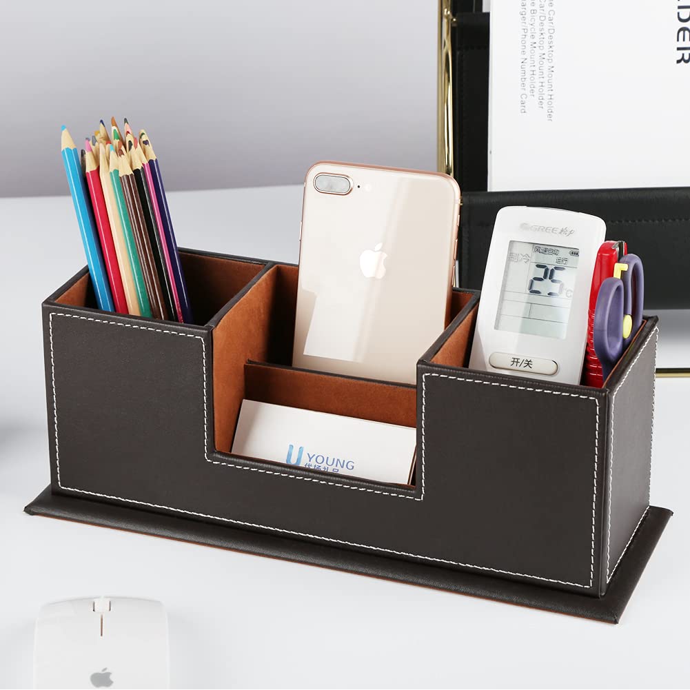 Double Wood and Leather Desk Organizer